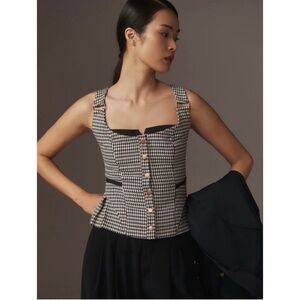 Maeve Anthropologie Black & White Houndstooth Knit Peplum Vest Blouse Size Small